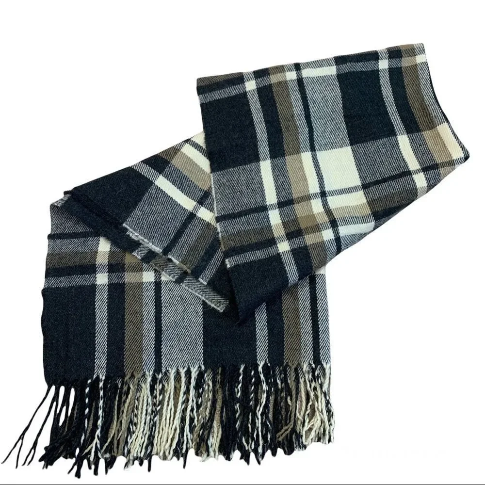 Black gray ivory brown plaid check warm soft fall winter unisex blanket scarf 💥
